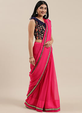 Blue Embroidered Ruffles Blouse N Pink Saree