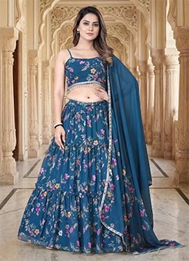 Blue Faux Georgette Digital Print A Line Lehenga