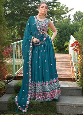 Blue Faux Georgette Embroidered Lehenga For Festive Nights