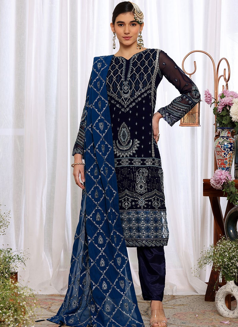 Blue Faux Georgette Embroidered Pakistani Suit Party Wear