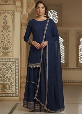 Blue Georgette Lace Work Palazzo Suit