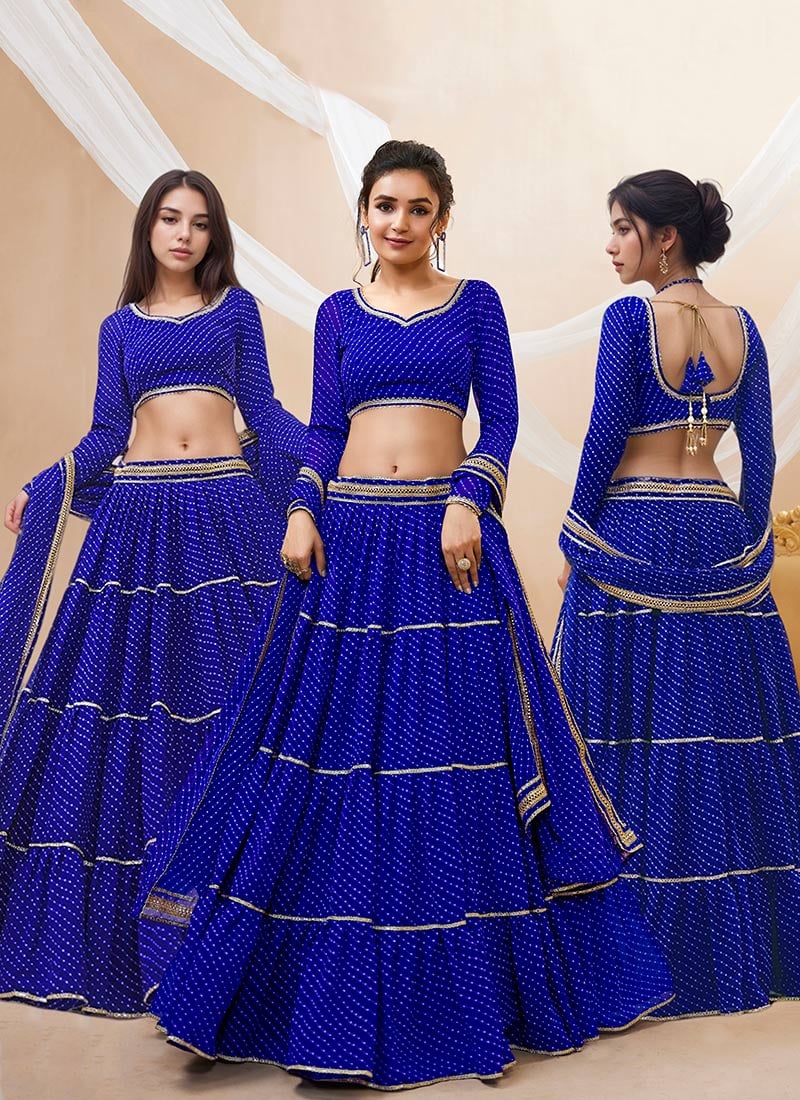 Blue Faux Georgette Leheriya Print Diwali Umbrella Lehenga With Gota