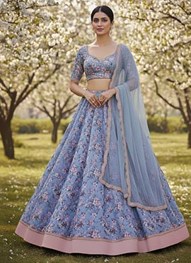 Blue Faux Georgette Printed Lehenga