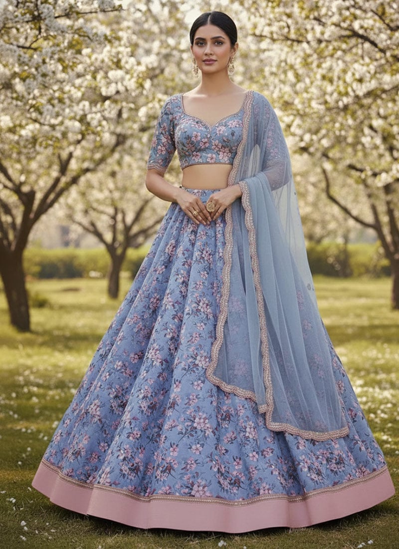 Blue Faux Georgette Printed Lehenga Festive Wear