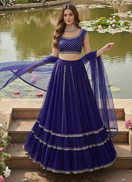 Blue Faux Georgette Zari Hand Embroidered Sequins With Stone Work Lehenga
