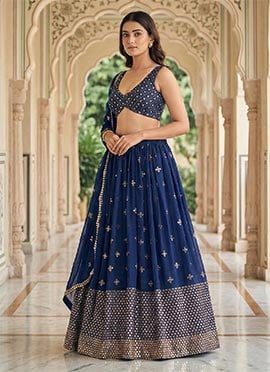 Blue Faux Georgette Zari Sequins Embroidered A Line Lehenga
