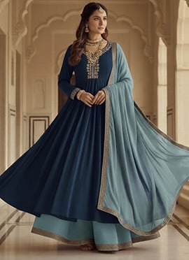 Blue Georgette Zari Sequins Hand Embroidered Anarkali Suit