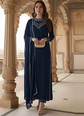 Blue Georgette Zari Stones Straight Pant Suit