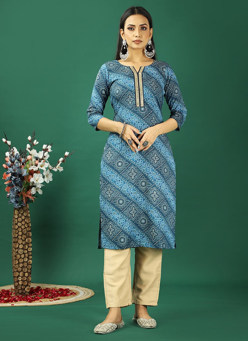 Teen Girls Blue Foil Print Art Silk Kurta Set