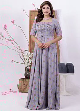 Teen Girls Blue Foil Print Floor Length Gown