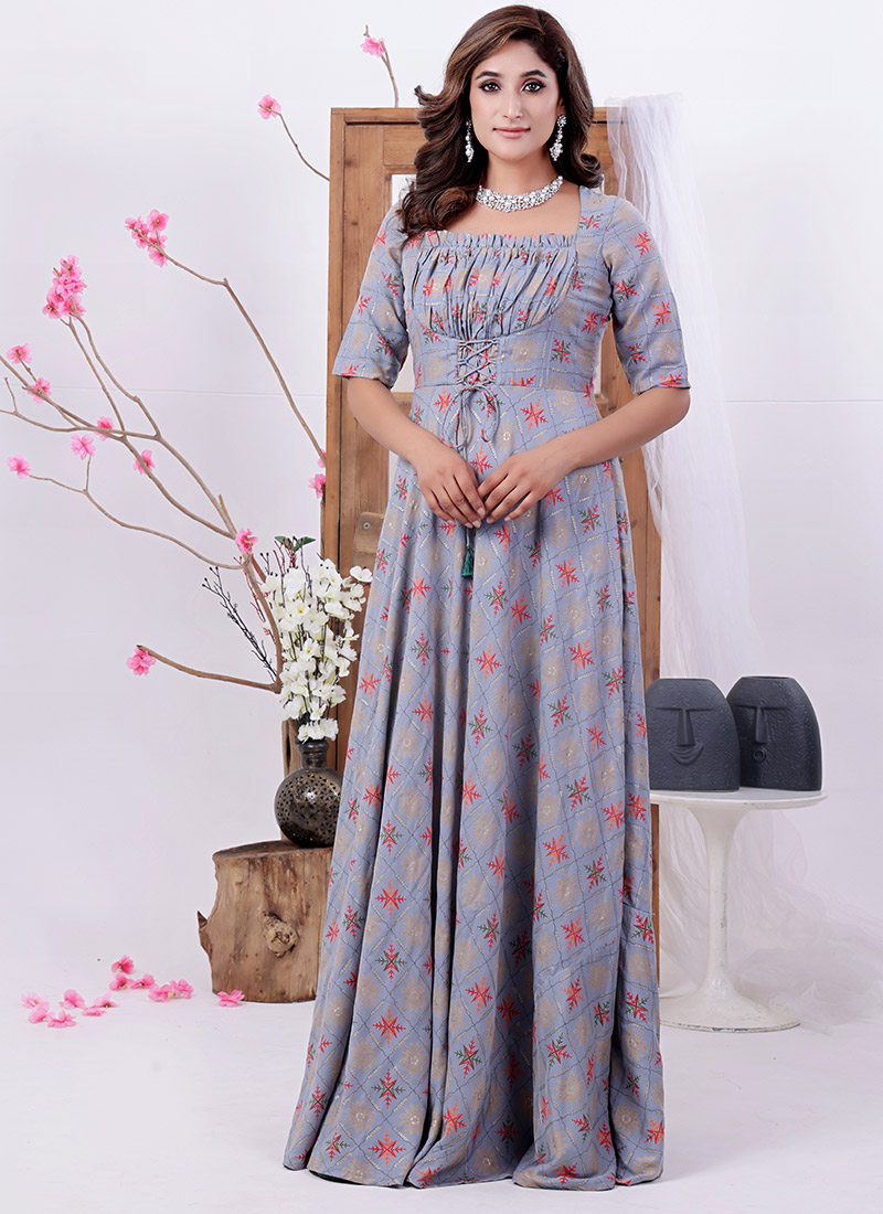 Blue Foil Print Floor Length Gown Festive Wear