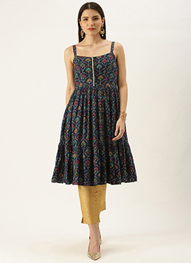 Blue Foil Print Rayon Tiered Gathers Kurti