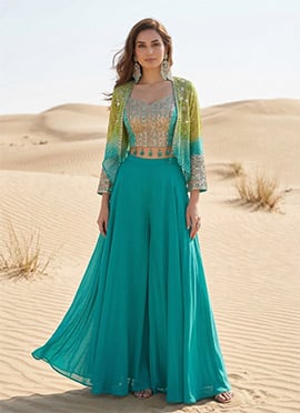 Blue Georgette Bandhini Print Zari Embroidered Sequins Beads Indowestern Jacket Palazzo Set