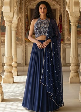 Blue Georgette Beads Sequins Hand Embroidered Lehenga
