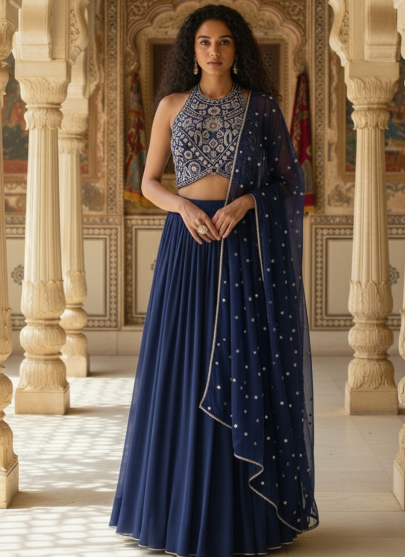 Blue Georgette Beads Sequins Hand Embroidered Lehenga Wedding Wear