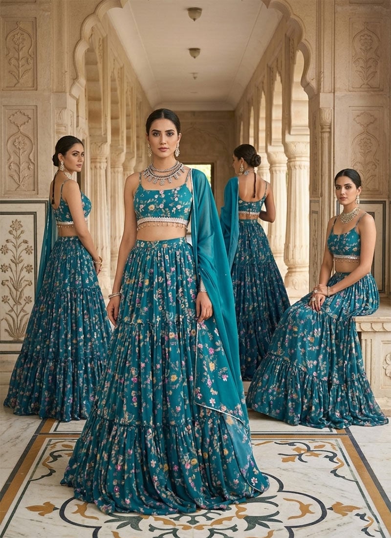 Blue Georgette Digital Print Lehenga Wedding Wear
