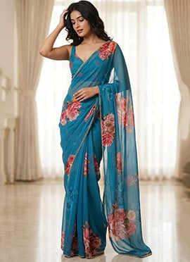 Blue Georgette Digital Print Saree After Six Wear