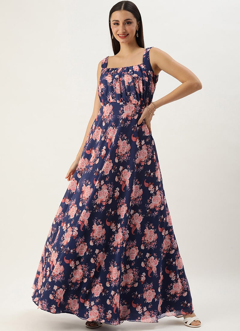 Blue Georgette Digital Printed Dress Party Wear