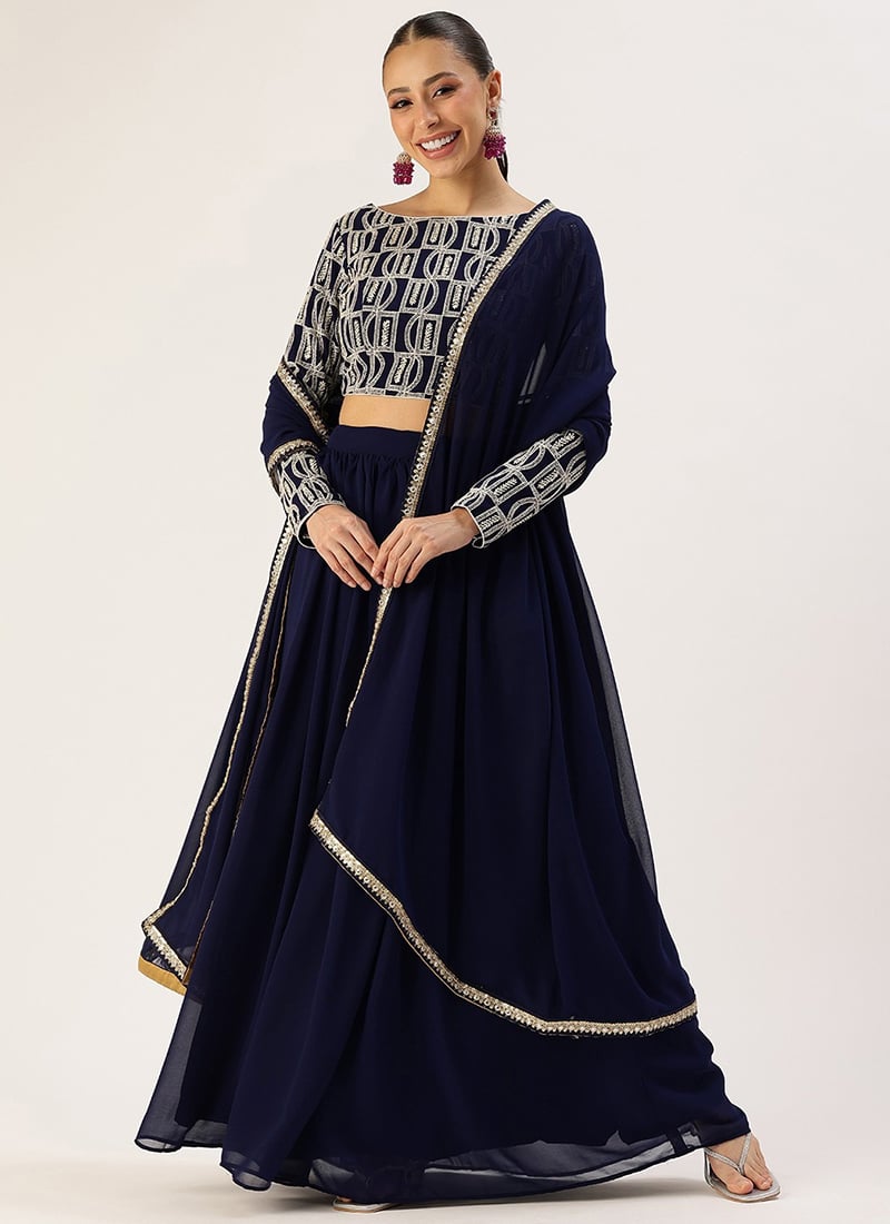 Blue Georgette Embroidered Boat Neck Lehenga Festive Wear