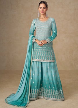 Blue Georgette Embroidered Sequins Mirror Work Pakistani Palazzo Suit
