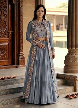 Blue Georgette Embroidered Sequins With Beads Work Indowestern Jacket Lehenga Set