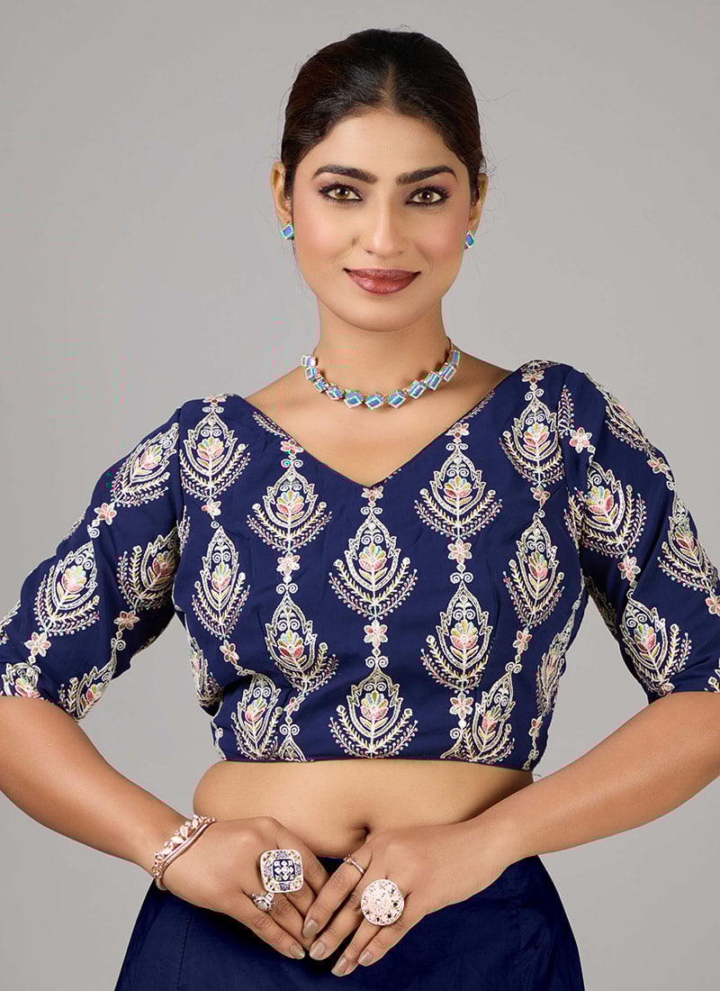 Blue Georgette Embroidered V Neck Blouse Wedding Wear