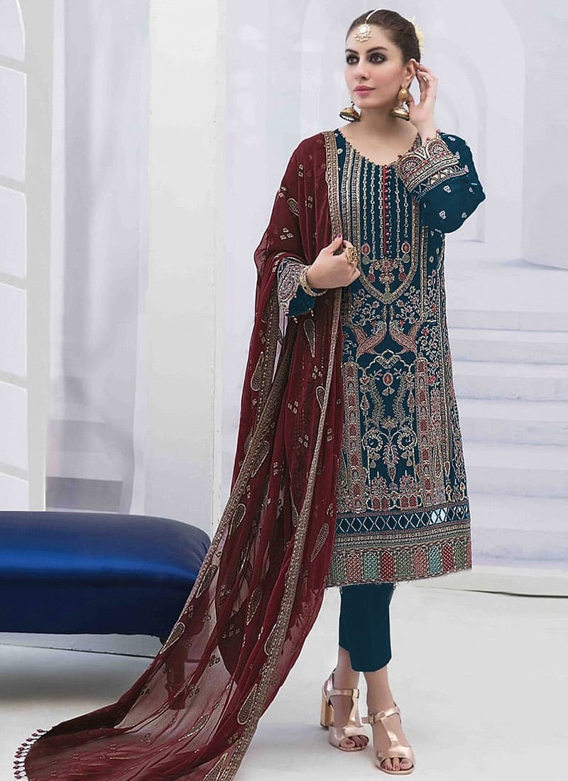 Blue Georgette Embroidered Work Straight Pant Suit Party Wear