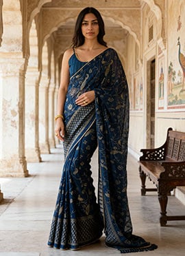 Blue Georgette Foil Print Saree After Six Wear