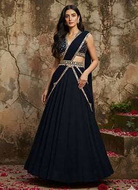 Blue Georgette Hand Embroidered Sequins Lehenga