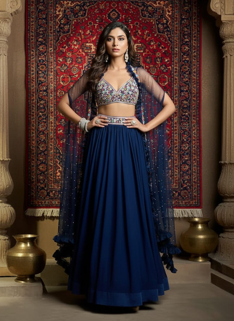 Blue Georgette Hand Embroidered Sequins Lehenga Wedding Wear