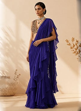 Blue Georgette Hand Embroidered Sequins Pre Draped Saree