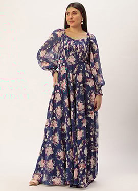 Blue Georgette Printed Pleated Yoke Gown