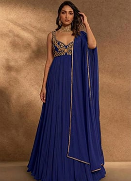 Blue Georgette Resham Beads Hand Embroidered Anarkali Suit
