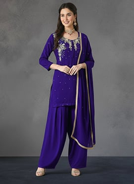 Blue Georgette Stones Hand Embroidered Farshi Style Salwar Suit