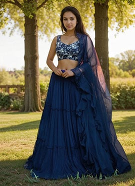 Blue Georgette Zari And Moti Hand Embroidered Lehenga