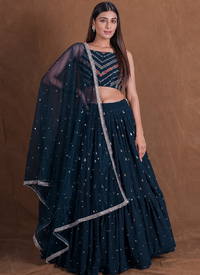 Teal Blue Georgette Zari Embroidered Sequins Stunning Lehenga Wedding Wear