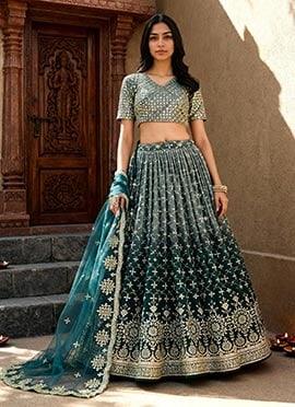 Blue Georgette Zari Embroidered Sequins Umbrella Lehenga Wedding Wear