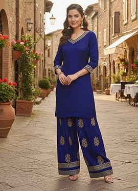 Blue Georgette Zari Sequins Farshi Style Salwar Suit
