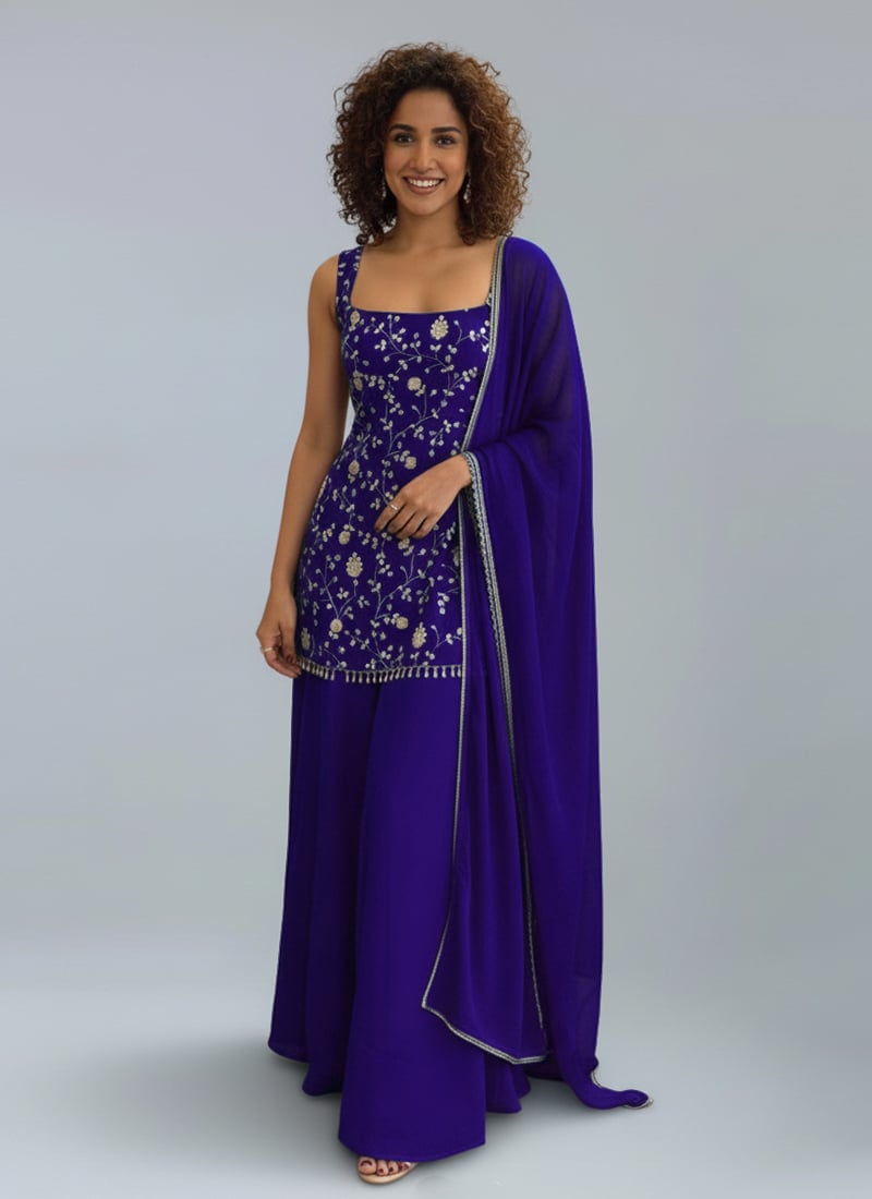 Blue Georgette Zari Sequins Palazzo Suit Festive Wear