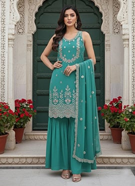 Blue Georgette Zari Sequins Sharara Suit
