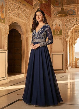 Blue Georgette Zari Sequins Stones Hand Embroidered Cut Dana Gown