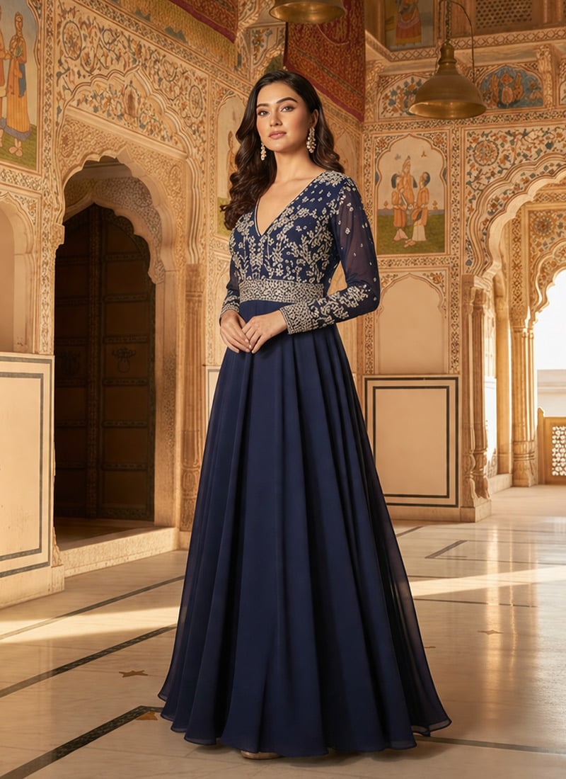 Blue Georgette Zari Sequins Stones Hand Embroidered Cut Dana Gown After Six Wear