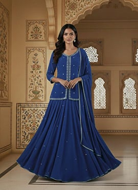 Blue Georgette Zari Stone Work Long Choli Lehenga