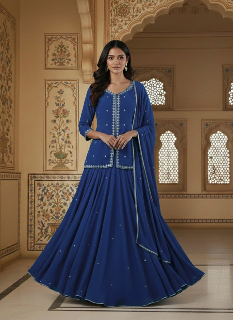 Blue Georgette Zari Stone Work Long Choli Lehenga Festive Wear
