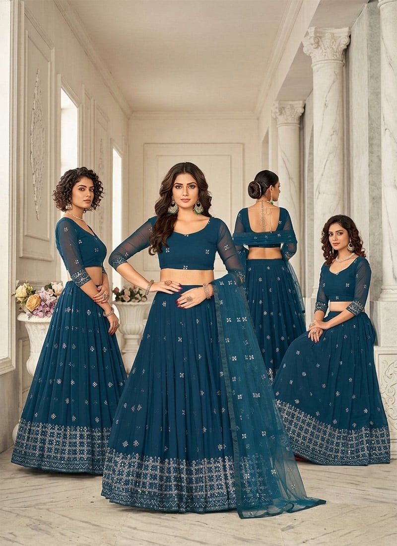 Blue Greorgtte Party Wear Umbrella Lehenga With Embroidery And Sequins Party Wear