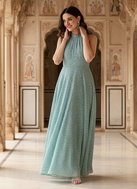 Blue Halter Neck Georgette Gown