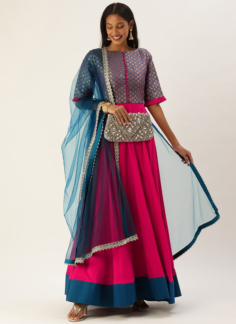 Blue Jacquard Art Silk Anarkali Suit Festive Wear