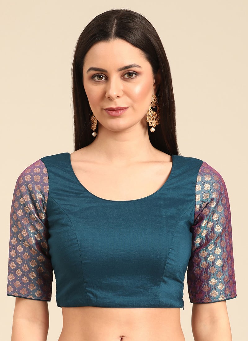 Blue Jacquard Art Silk N Embroidered Blouse Festive Wear
