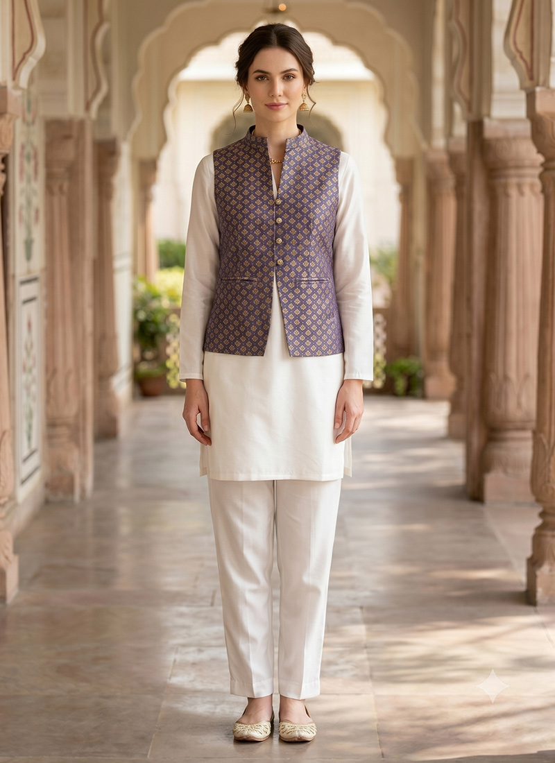 Blue Jacquard Art Silk Printed Sleeveless Jacket Festive Wear
