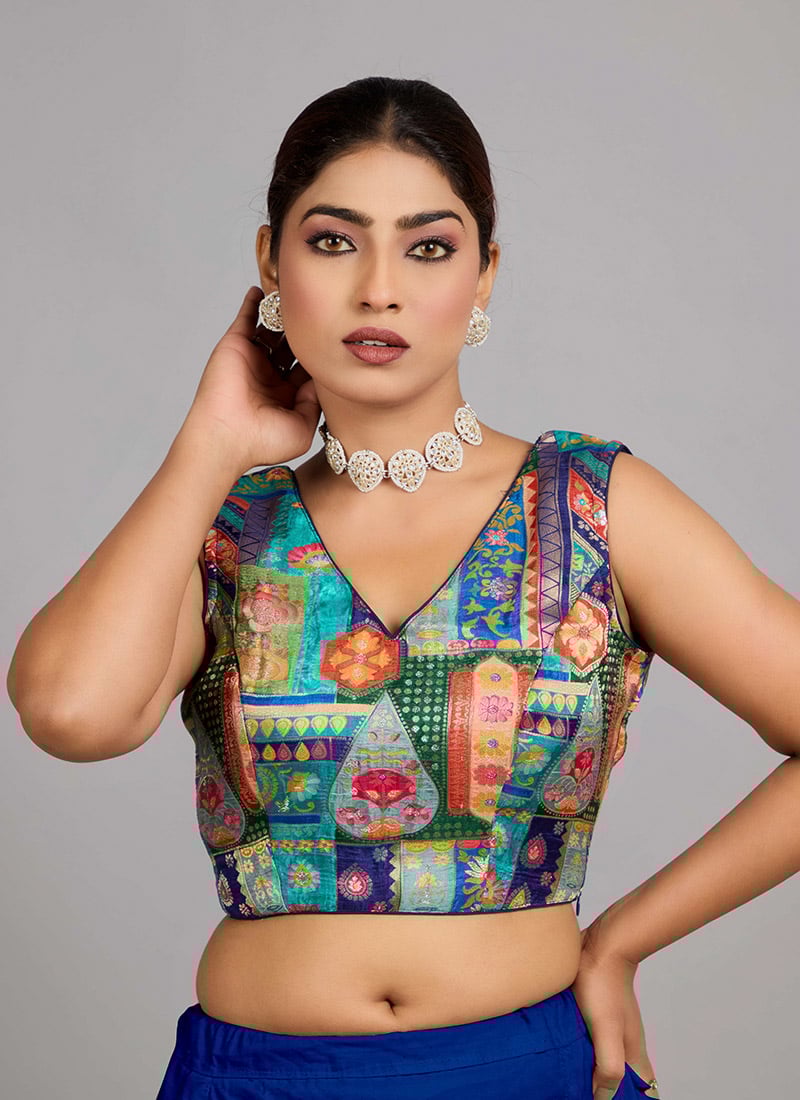 Blue Jacquard Art Silk V Neck Blouse Festive Wear